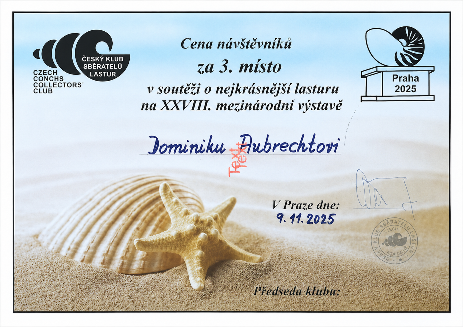 3. místo v soutěži o nejkrásnější lasturu na XXVIII. mezinárodní výstavě